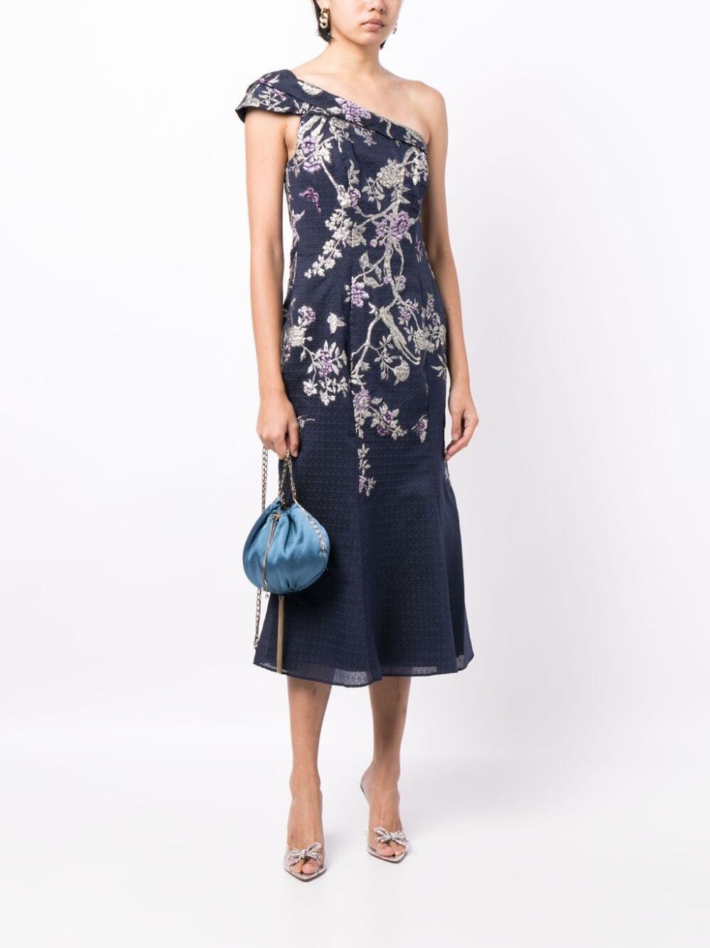 Marchesa Notte Womens Mini Dress One Shoulder Floral Jacquard Navy Size 8